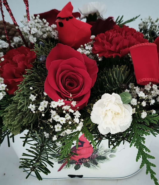 Winter Cardinal Charm floral arrangement with red roses, cardinals, and greenery in a decorative tin.