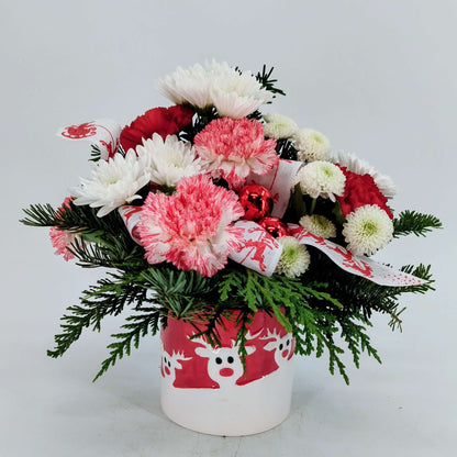 Reindeer Cheer floral arrangement with peppermint-striped carnations and white mums in reindeer container.